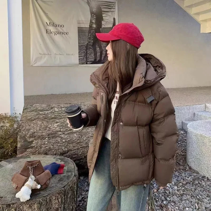 Melad Brown Coffee Womens Crop Petite Winter Thick Down Jacket Long Sleeve Regular Fit 241107