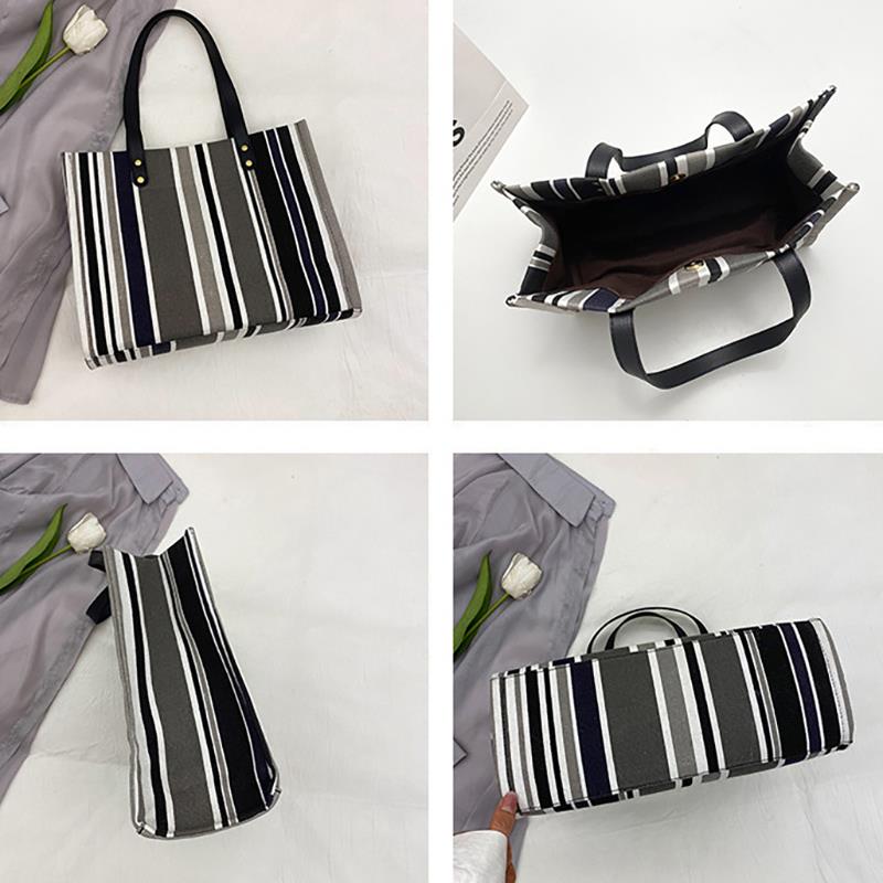 Fashion Large Capacity Canvas Striped Causal Handbag Tote Female Tote Bags Ladies Simple Canvas Purses Women Shoulder Bag