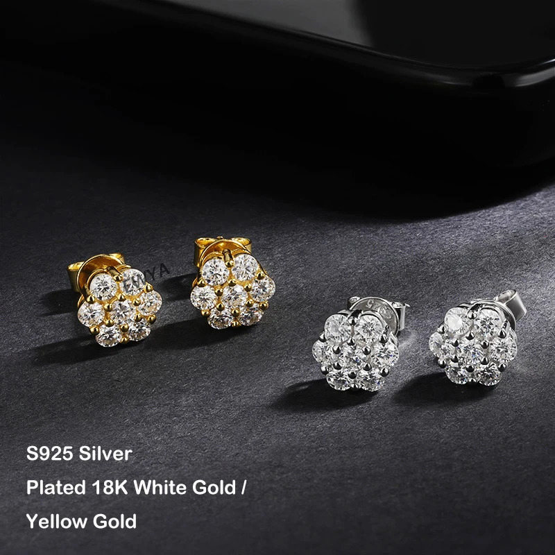 EWYA 7-Stone Flower Full 2.5/3mm D-color silica female earrings 925 silver plated 18K GRA certified party earrings 241106