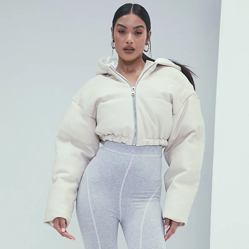 Womens PU Leather Hooded Puff Jacket Winter Thick Warm Waist Puff Coat Zipper Hoodie Short Puff Coat 241107