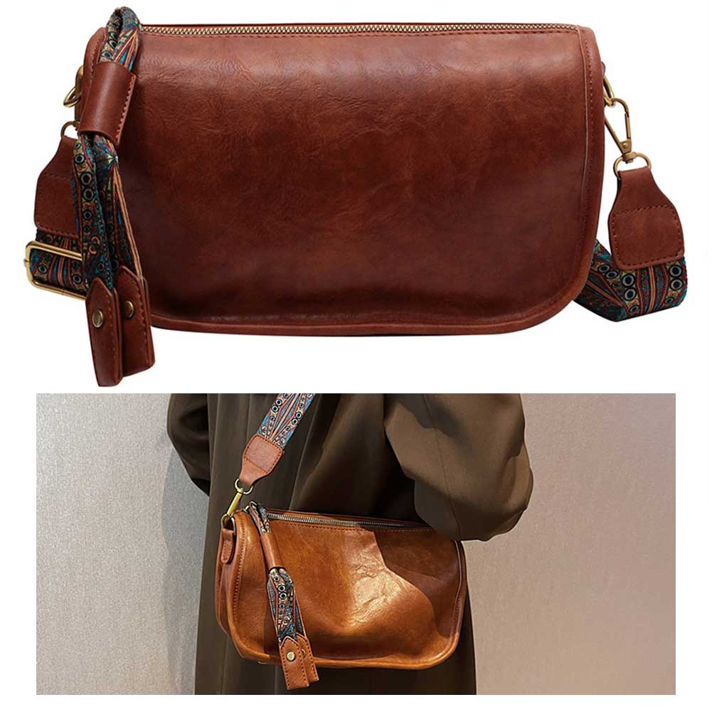 Women Retro Shoulder Bag with Graphic Pattern Wide Strap Fashion Sling Bag Large Capacity Zipper Closure Daily Purse for Female