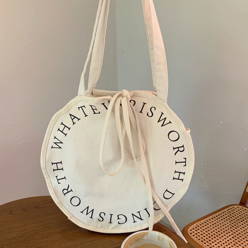 Hylhexyr Women's Round Shoulder Bag Letter Canvas Bags Simple Large Capacity Portable Casual Handbag Tie Rope