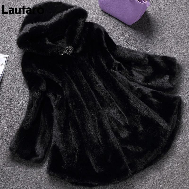 Lautaro Winter Black Warm Thick Fur Soft Artificial Mink Coat Womens Elegant Fluffy Jacket with Hood 4xl 5xl 6xl 7xl 241107