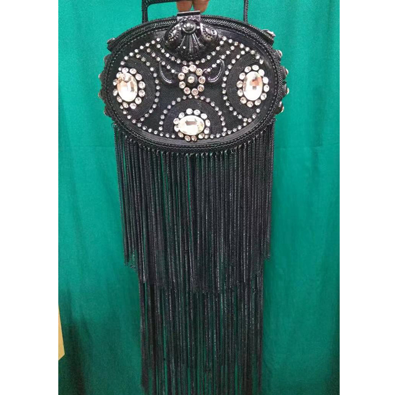 DOYUTIG Indian Design Women's Gold Long Tassels Handmade Bead Clutches Lady Classical Rhinestone Tassel Wedding Evening Bag F698