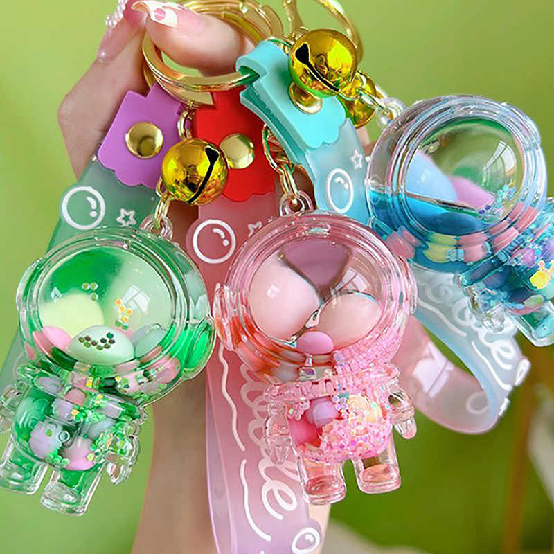 Cute Liquid Pearl Milk Tea Cup Astronaut Key Chain Creative Quicksand Floating Jelly Bean Keyring Backpack Pendant Keychain Gift