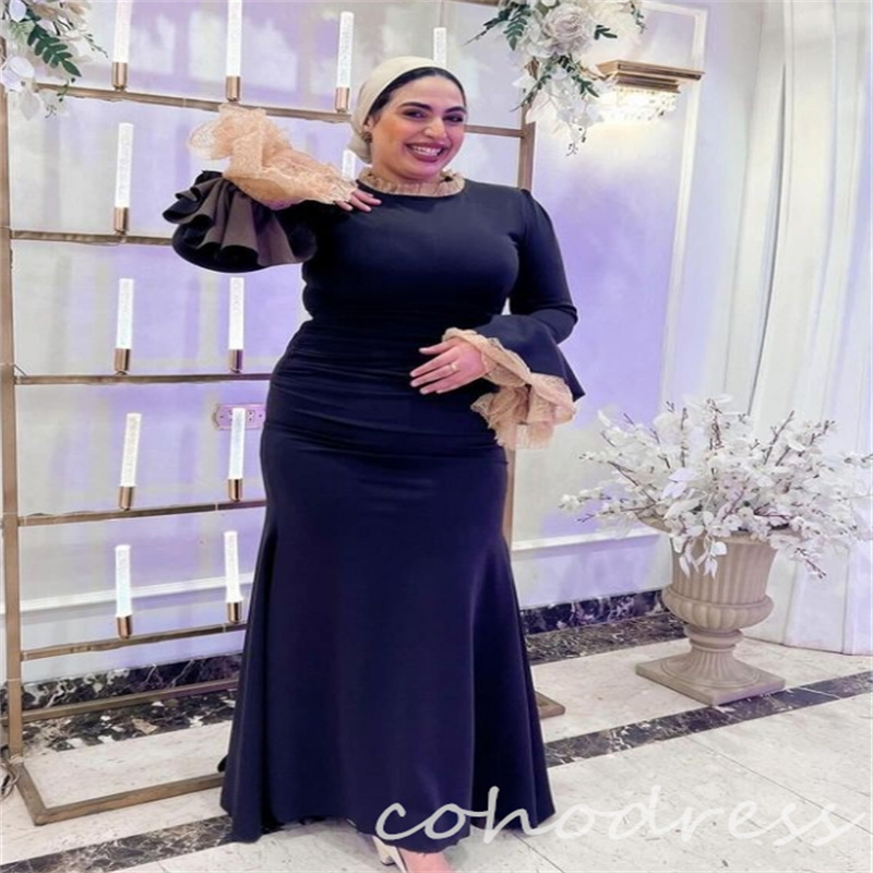 Plus Size Muslim Evening Dress With Long Sleeve Elegant Mermaid Abaya Prom Dress O Neck Floor Length Women Birthday Dress Arabic Dubai Lace vestidos p