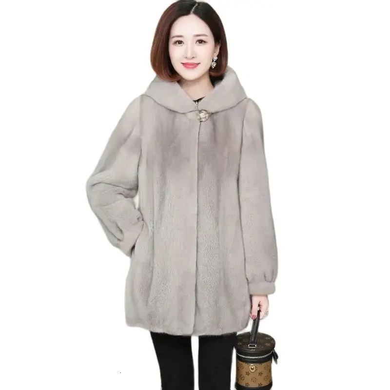 Winter womens Haining mink swan fur leather jacket womens hooded medium long thick mink coat Korean loose jacket A879 241107