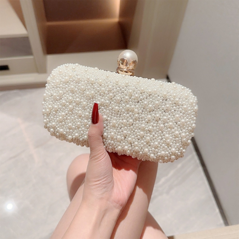 Women Elegant Beaded Pearl Handbag Bridal Wedding Party Clutch Prom Evening Bag with Detachable Chain Crossbody Shoulder Bag
