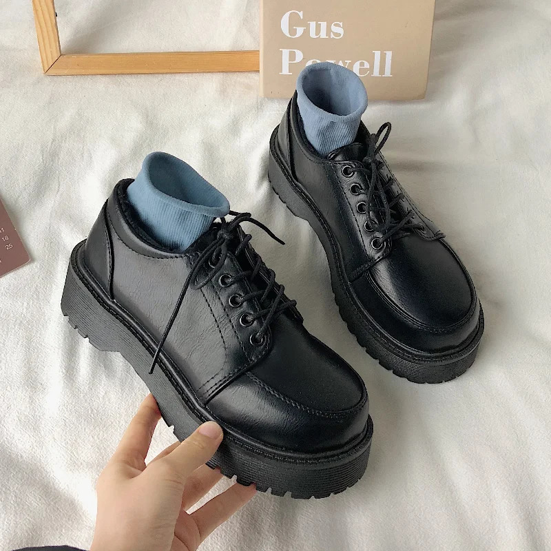 Platform Leather Shoes Womens Casual Boat Shoes Retro Oxford Shoes Spring/Summer Fashion Lace Up JK Uniform Flat Shoes 241106