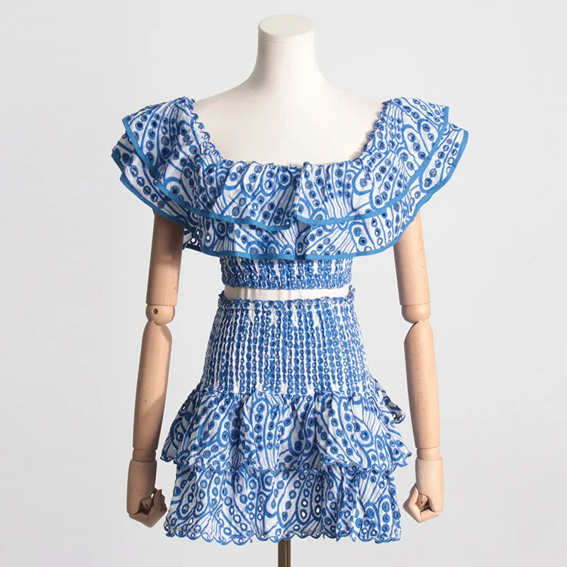 JAMERARY Floral Two Piece Women Dress Summer Cotton Embroidery Sexy Slash Neck Ruffles Short Skirts Suits Beach Crop Tops 240407