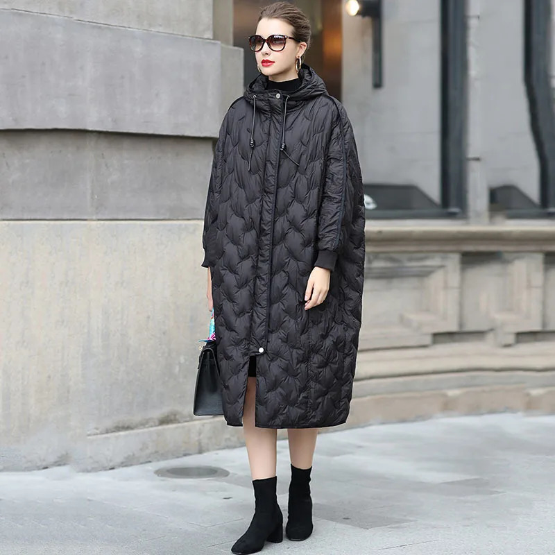 Womens Winter Embroidered Long Down Jacket Hoodie Brown Super Large Cap Puff Jacket Black 90% White Duck Down Jacket 241107