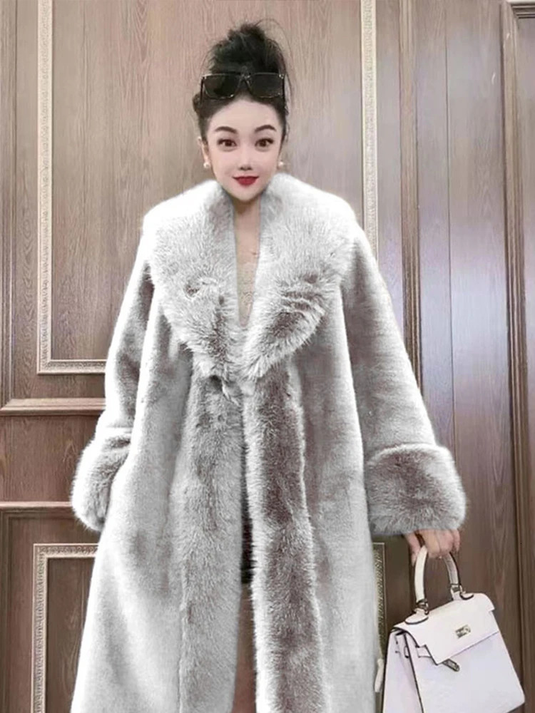 Artificial fur coat womens winter fluffy jacket fox fur collar fashionable artificial mink fur plush medium long coat elegant fur coat 241107