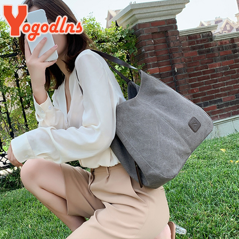 Yogodlns Vintage Canvas Handbag Women Large Capacity Shoulder Bag Casual Handle Bag New Fashion Hot Lady Shopping Handbag bolso