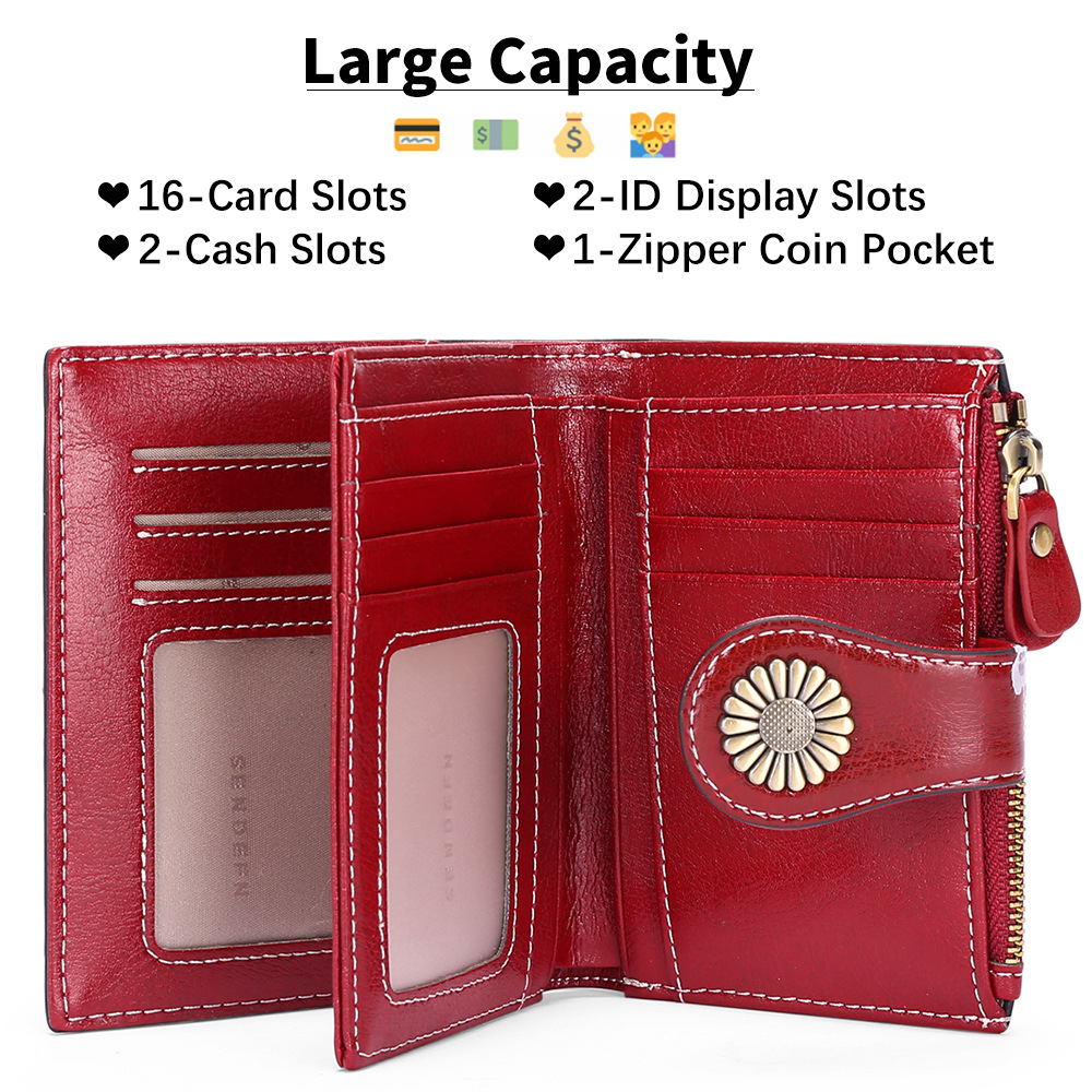 Women's Genuine Leather Wallet Vintage Retro Female RFID Purse Multi Function Lady Coins Bag Trifold Card Holder Gift for Mom