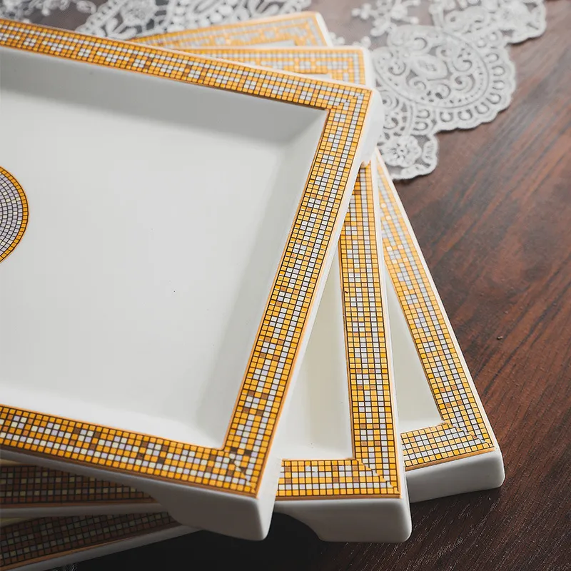 Luxury Designer Square Plate European Creative Mosaic Edge Coffee Afternoon Tea Tableware Tray Steak Western Dessert Ceramic Plate
