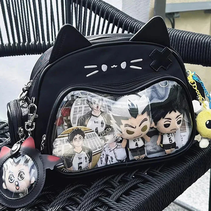 Suitable for womens white backpack Y2K Korean Kawaii cat Ita bag PU cute girl transparent pocket aesthetic shoulder cross body bag 241106
