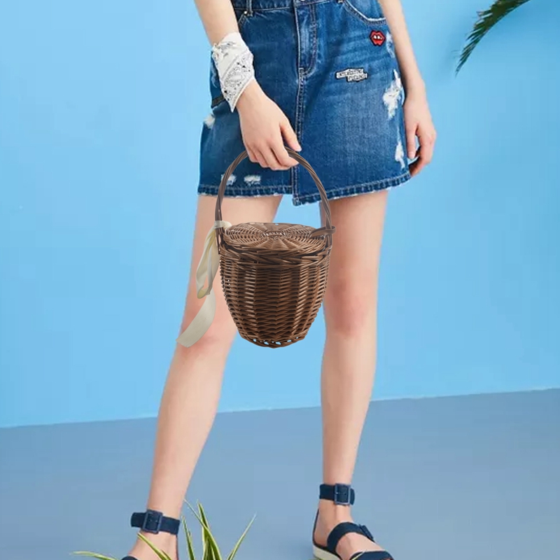 Fashion Summer New Women Beach Basket Straw Hand Bag Cover Handbag Wicker Handmade Small Women Bohemia Tote Travel Clutch(Brown)