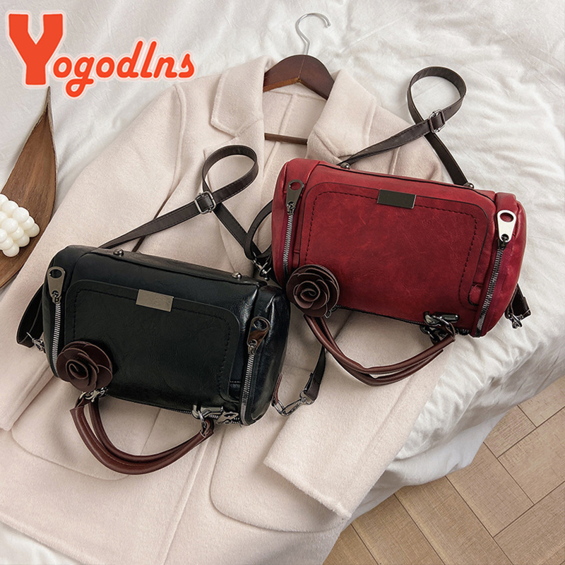 Yogodlns Fashion Flowers Pendant Handbag Women's Boston Bags Large Capacity Shoulder Bag Ladies Crossbody Bag PU Messenger Bag