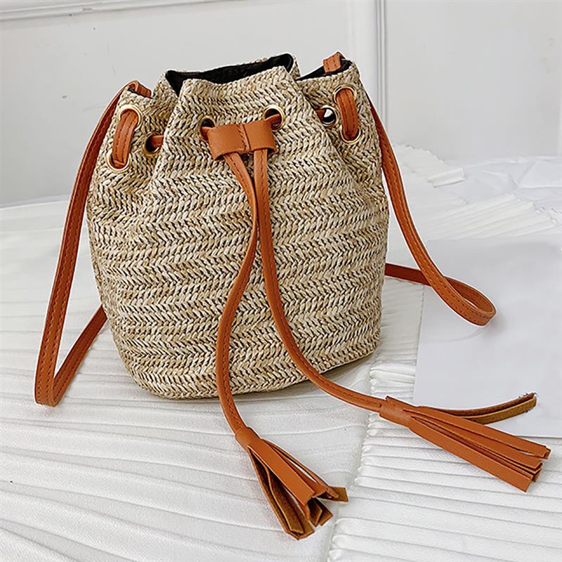Vintage Fashion Small Women Woven Rattan Straw Bucket Bag Handbag Tassel Drawstring Shoulder Bag Messenger Crossbody Bags Purses