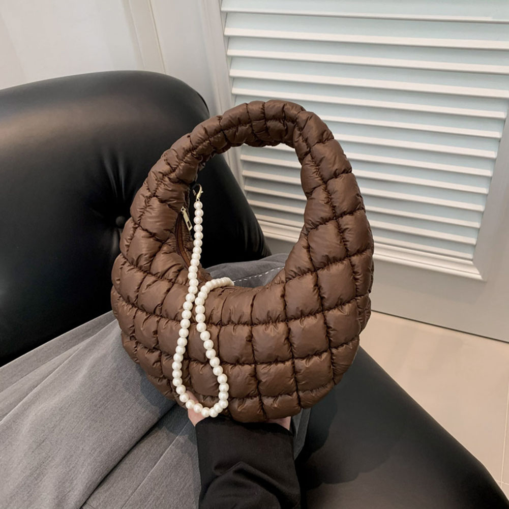Women Quilted Shoulder Bag Solid Color Pearl Chain Sling Bag Large Capacity Padded Crossbody Bag Female Commute Bag