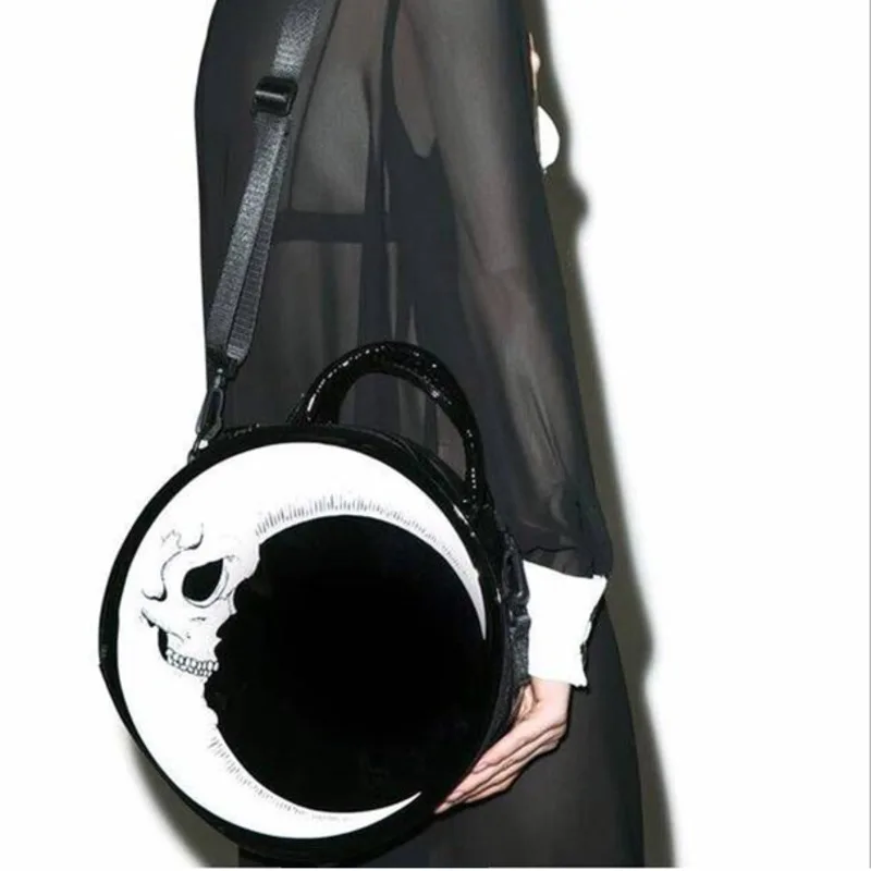 Women Lady Girl Punk Dark Skull Head Thunder Flash Printed Gothic Cross Body MOON Messenger Bag Round Handbag Harajuku