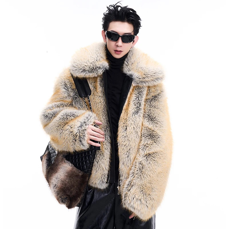 FEWQ mens faux mink fur thick coat winter item niche lapel zipper long sleeved fashionable mens casual wool coat 24E5004 241107