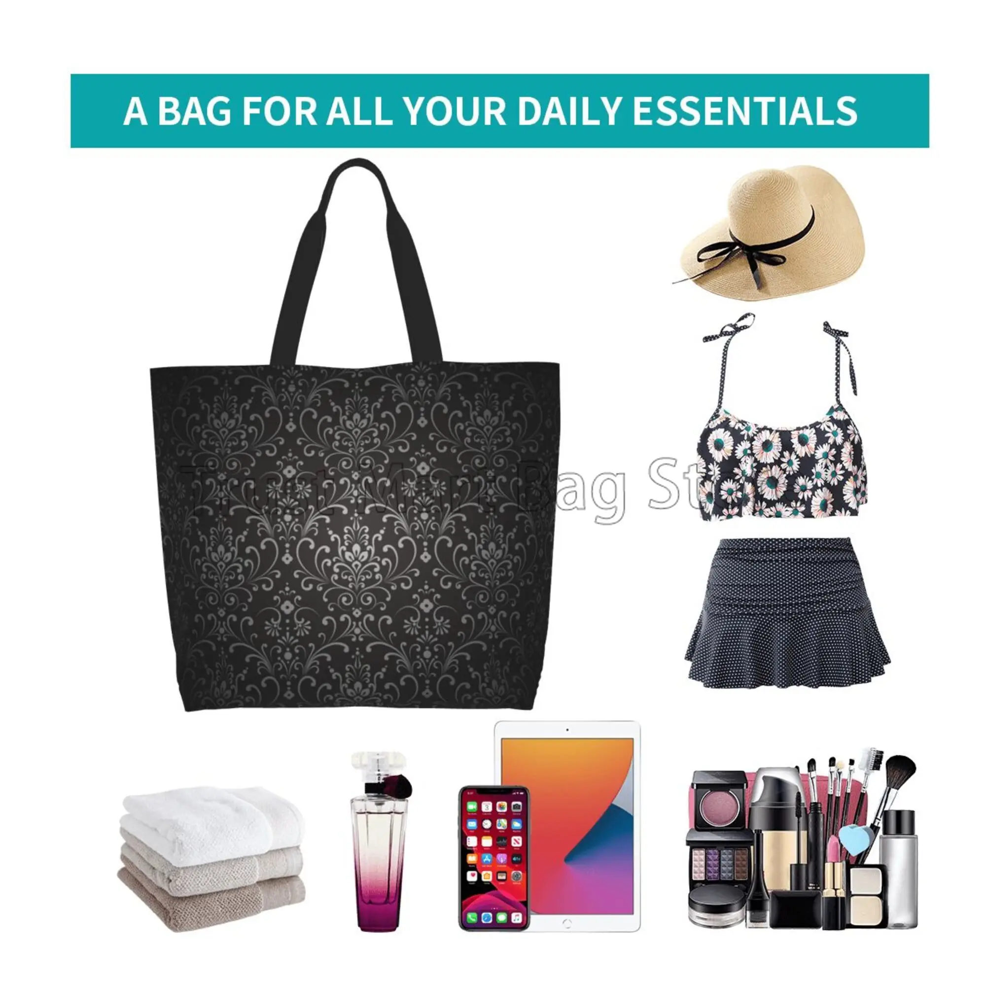 Gothic Flowers Print Canvas Tote Bag Large Women Casual Shoulder Bag Handbag Reusable Multipurpose Shopping Grocery Bag Gifts