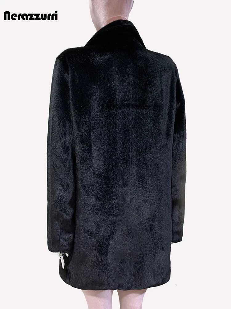 Sapphire autumn fluffy warm soft black faux mink coat jacket womens single chest loose casual Korean fashion 241107