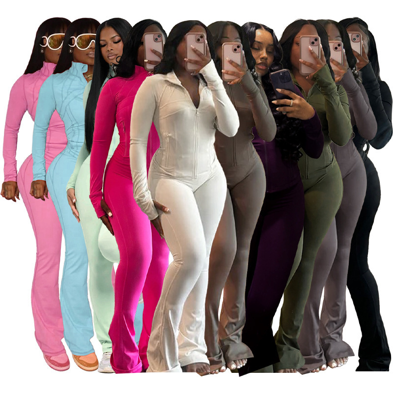 New Autumn Womens Tracksuit Sports Leisure Sweatsuit Sexy Tight Two Piece Set Women Long Sleeve Zipper Neck Jacket Top Flare Pants Casual 2Pcs Jogging