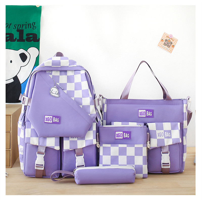 4 Pcs Set Women Backpack Harajuku Laptop Canvas plaid School Bags For Teenage Girls Kawaii College Student Kid Book Bag Rucksack