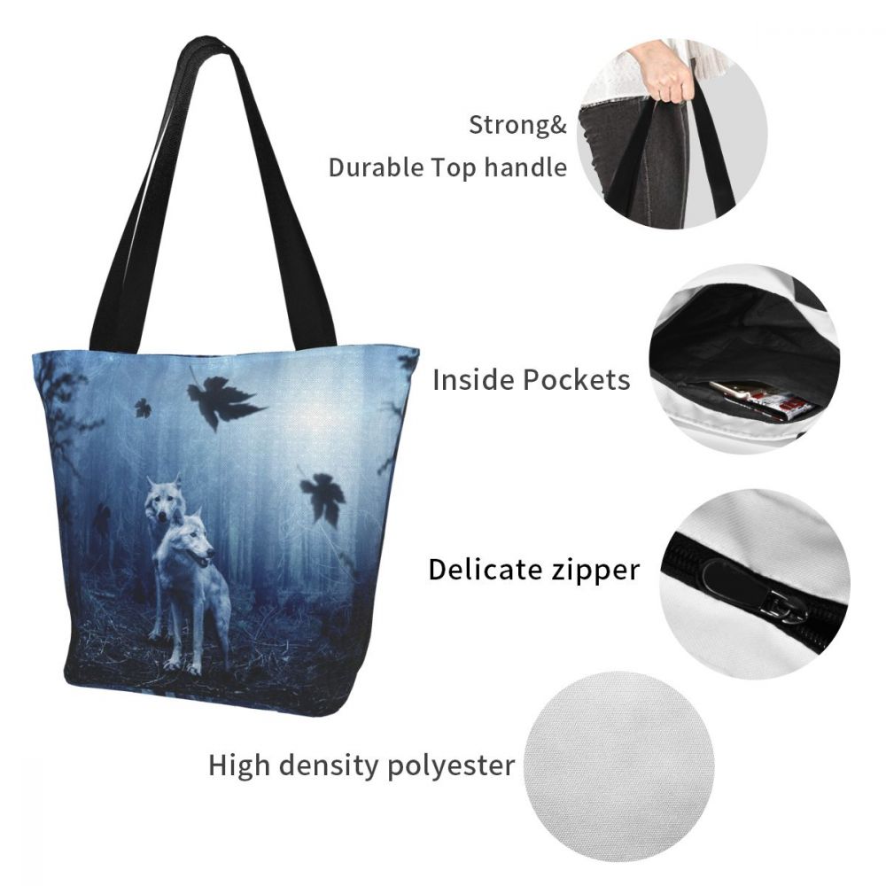NOISYDESIGNS Cool Wolf Print Tote Bags Women Zipper Handbags Eco Reusable Shopping Bag Art Painting Shoulder Bags for School