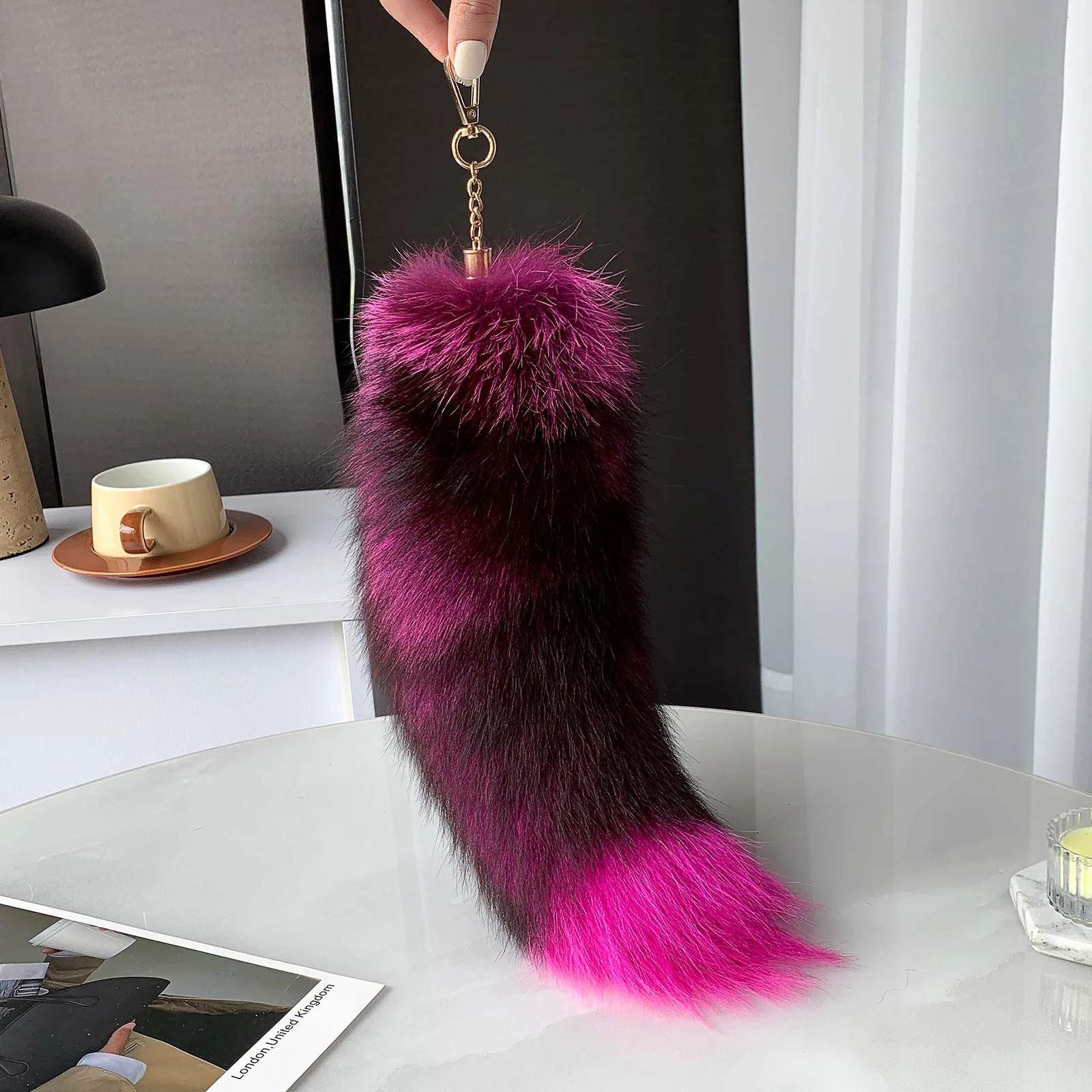 40cm large fox tail keychain woven tail fur tassel bag charm label black and brown Pom charm keychain fluffy real fur keychain 241107