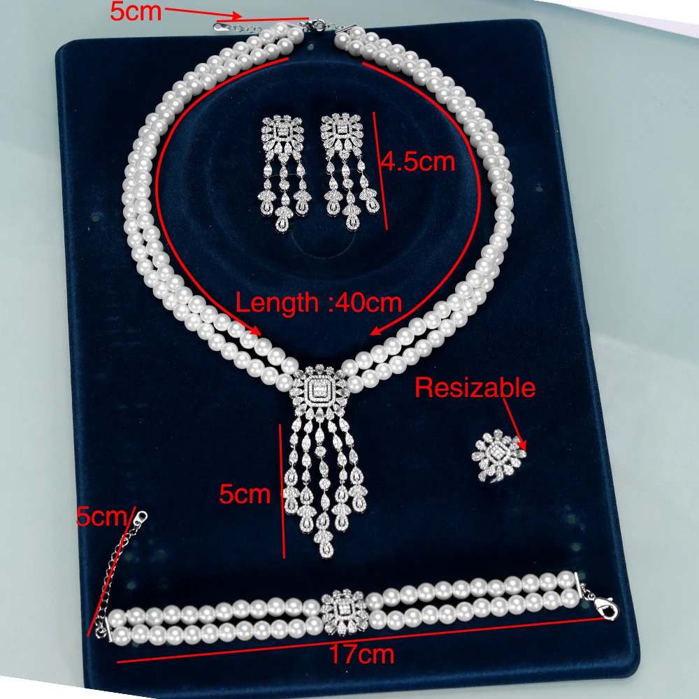 Trend Double Row Pearl Tassel Necklace Earrings 4-piece Womens Wedding Party Full Zircon Dubai Bridal Jewelry Set Gift 241106