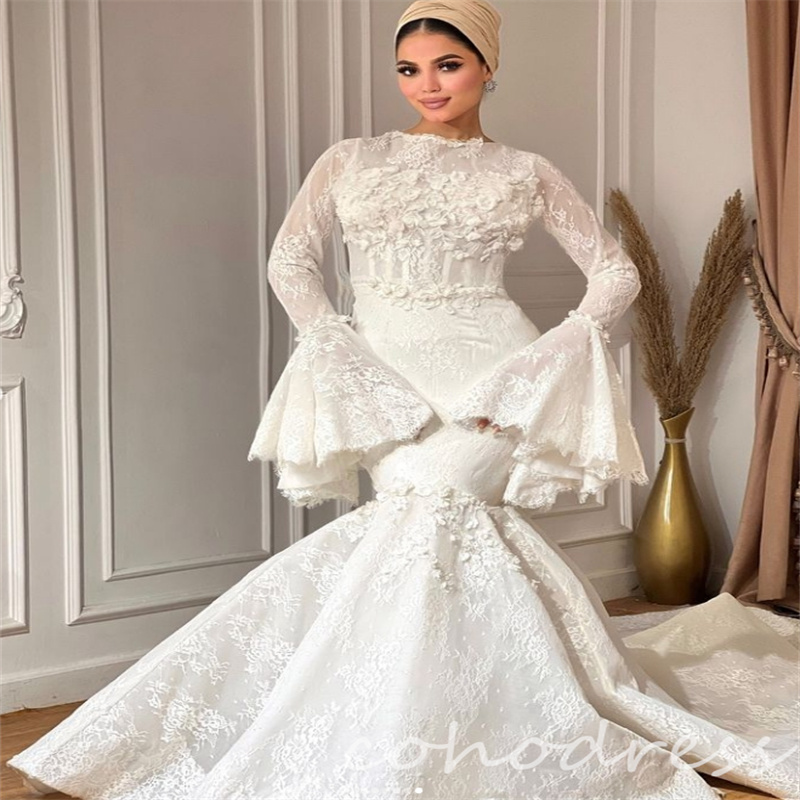 Gorgeous Saudi Arabic Mermaid Wedding Dresses With Florals Elegant Flare Sleeves Muslim Bridal Dress Lace Vestio De Novias Elegant Robe De Mariage 202