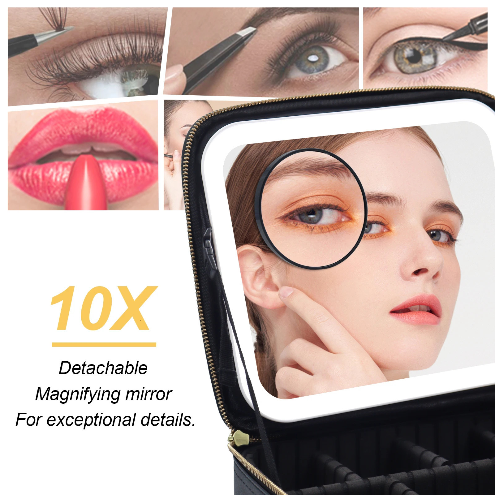 Travel makeup bag with LED light mirror adjustable divider and detachable 10x magnifying glass 241106
