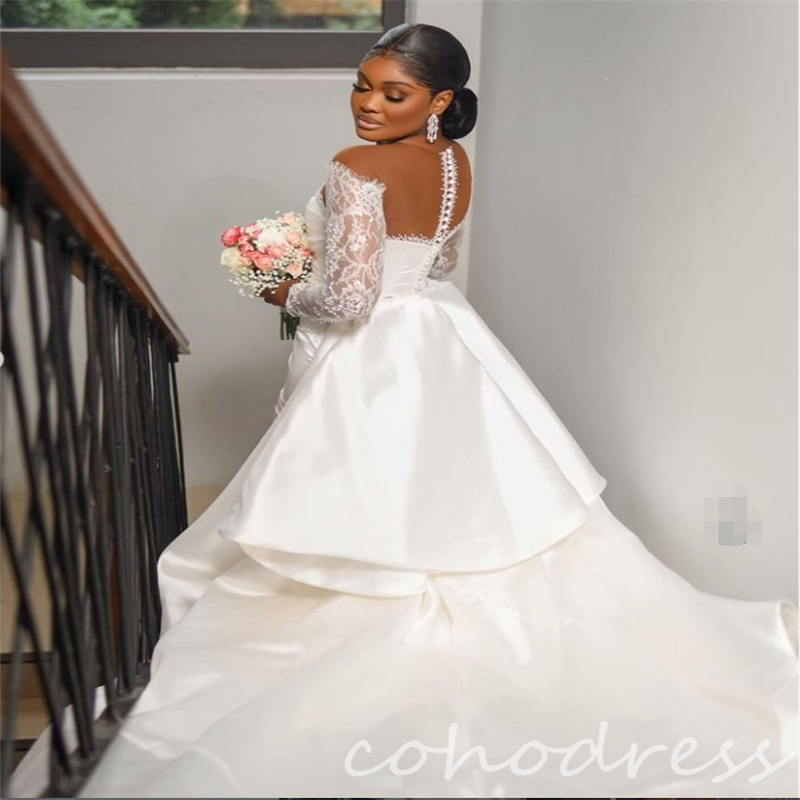 Exquisite African Wedding Dresses With Detachable Train Plus Size Mermaid Church Bridal Dress Elegant Long Sleeve Lace Bride Dress Country Vestio De N