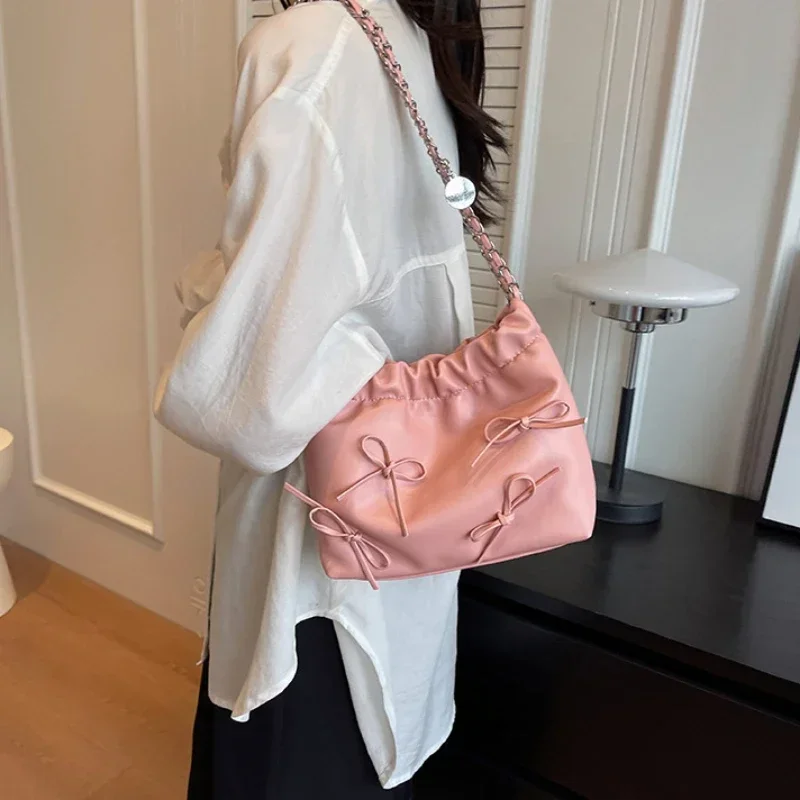 Cute Small Bow Tie Design Crossbody Bags for Women 2024 New Silver Handbags PU Leather Shoulder Bag Bucket Purses
