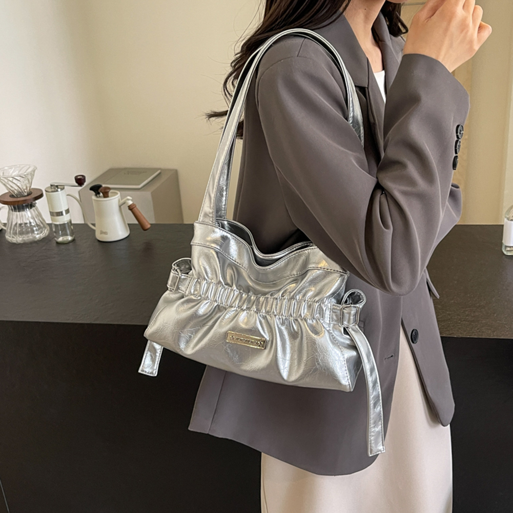 Pleated Underarm Bag Fashion Shoulder Bag Large Capacity Casual Clutch Handbag Solid Color Stylish Armpit Bag for Party Vacation