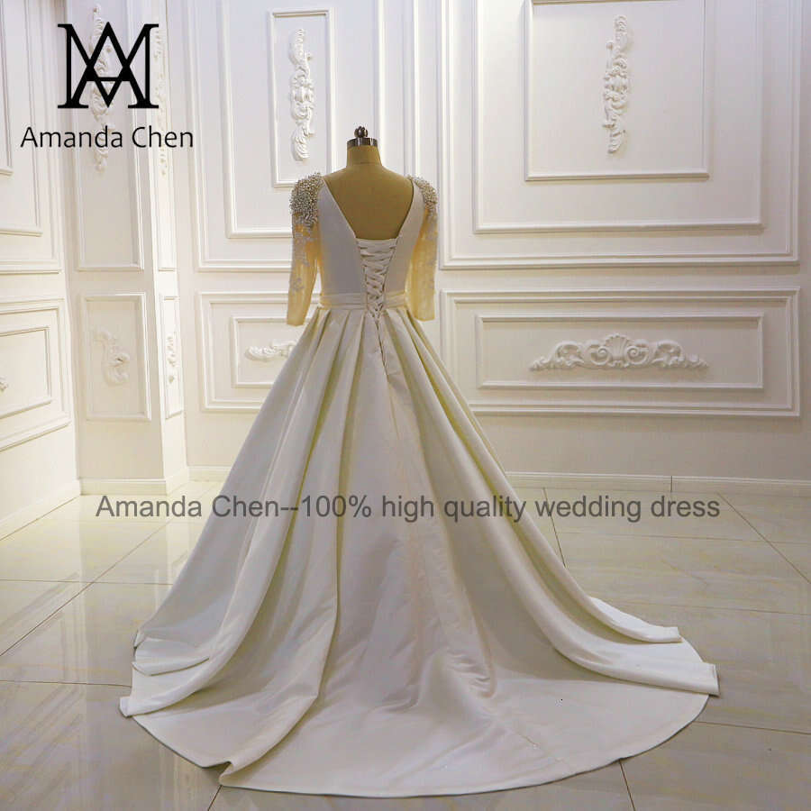 bruidsjurken 3/4 Sleeves Lace Appliques Beading Satin Wedding Dress