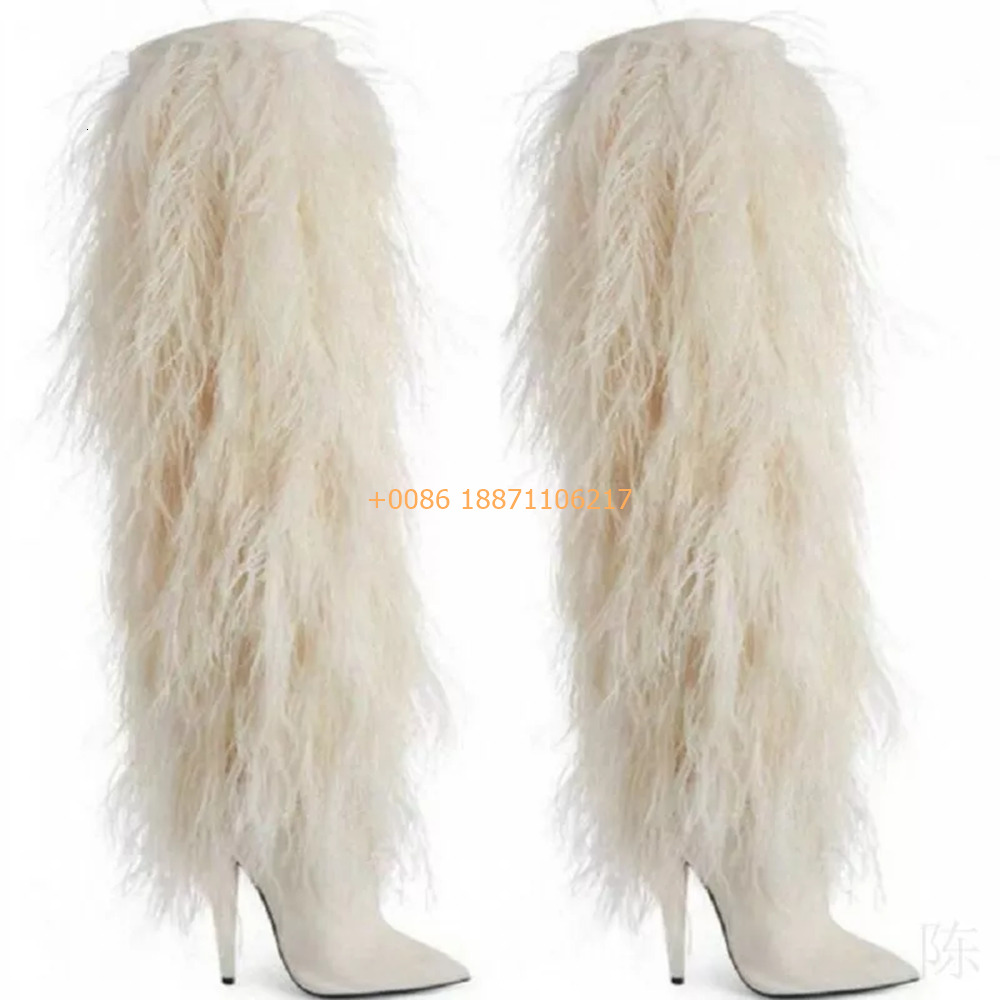 Sexy Ladies Catwalk Knee-High 2024 Autumn Winter Pointed Black Furry Model Stilettos Fashion Party Casual Street Long Boot