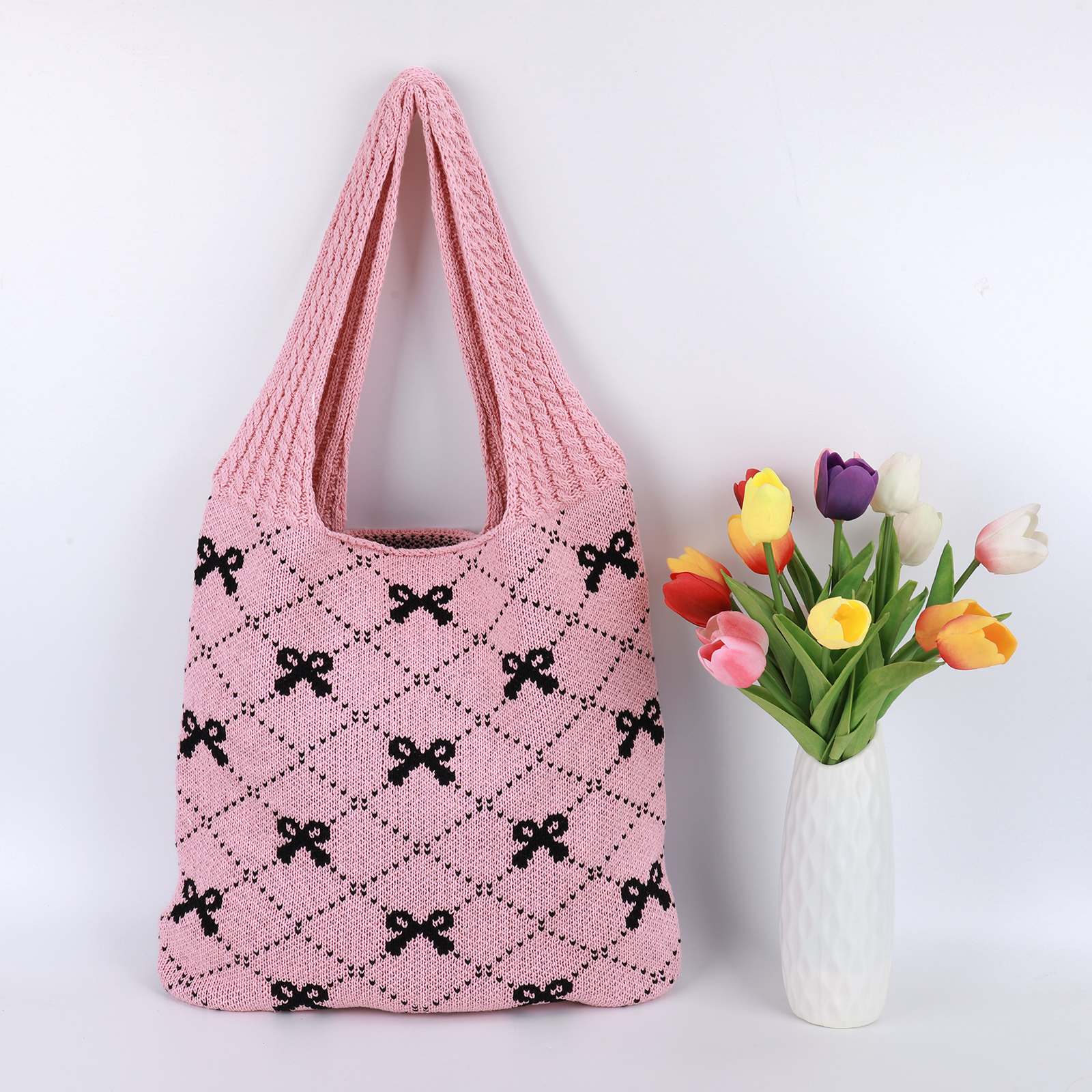 Women Crochet Tote Handbag Bow Printed Knitting Shoulder Bag Large Capacity Travel Shopping Handbag Ladies Daily Handbag