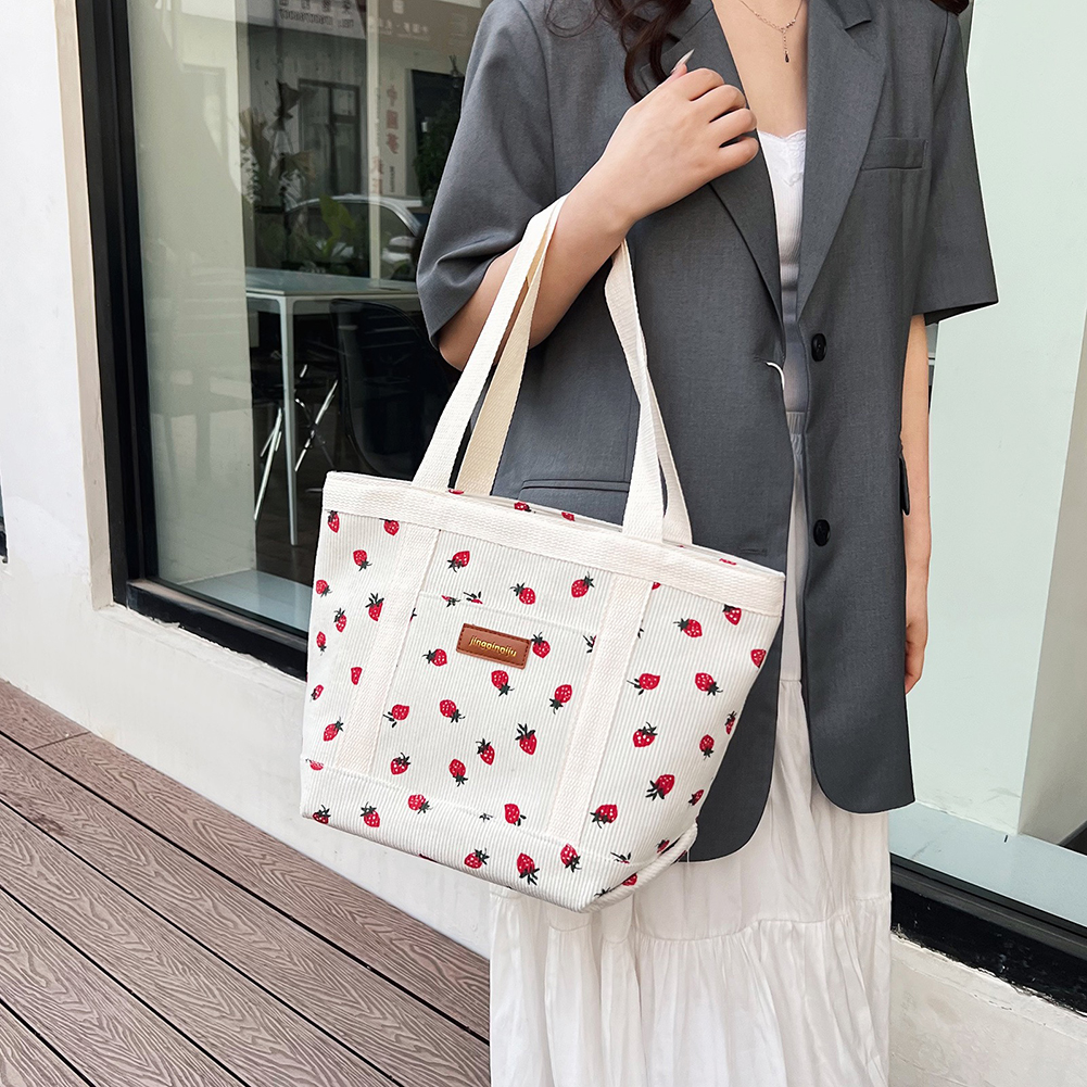 Women Strawberry Printed Shoulder Bag Large Capacity Corduroy Cartoon Pattern Grocery Bag Zipper Closure Girls Outdoor Bag