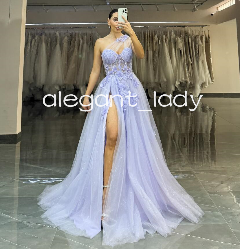 Lilac Lavender Princess Evening Formal Dresses 2025 One-shoulder High Slit Floral Corset Prom Occasion Gown Customsized
