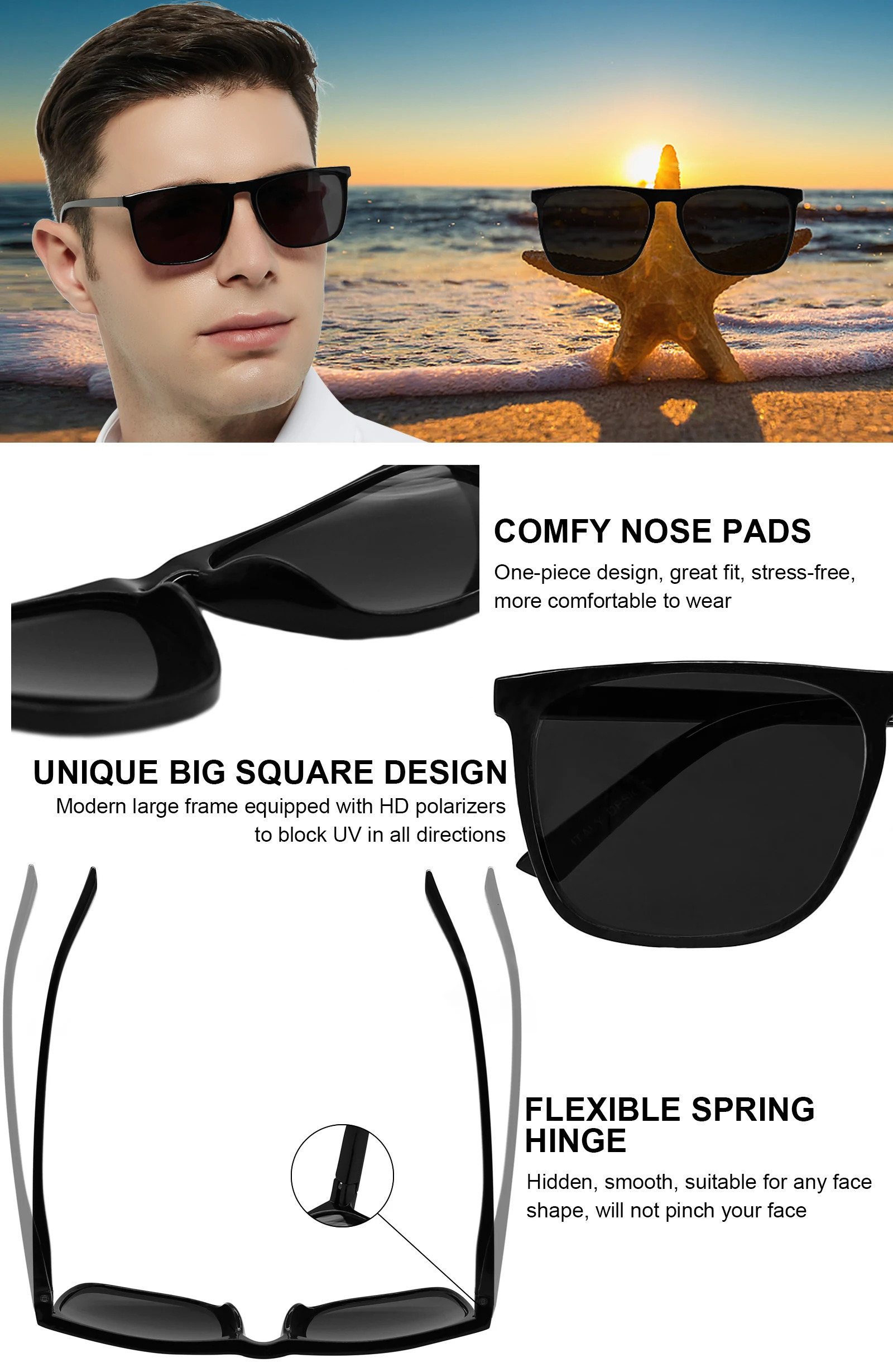 Mens sunglasses polarized er anti car glasses fashionable square mens sunglasses black sunshade glasses UV400 241106