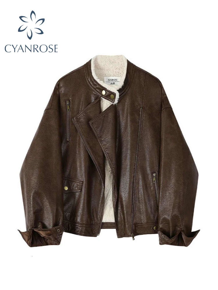 Womens Brown Leather Jacket Emo Mustang Coat Harajuku Retro Long Sleeve Motorcycle Jacket Coat 2000 Winter Clothing 241107