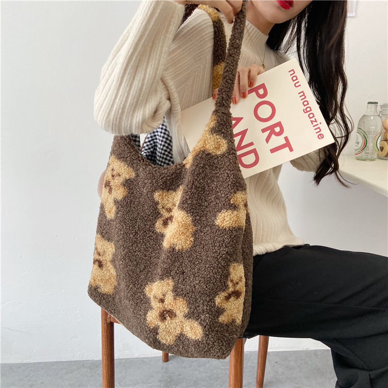 Girls Cute School Bag Lamb Like Fabric Shoulder Tote Bag Canvas Fluffy Fur Bear Handbags Large Capacity Soft Shopping Bags