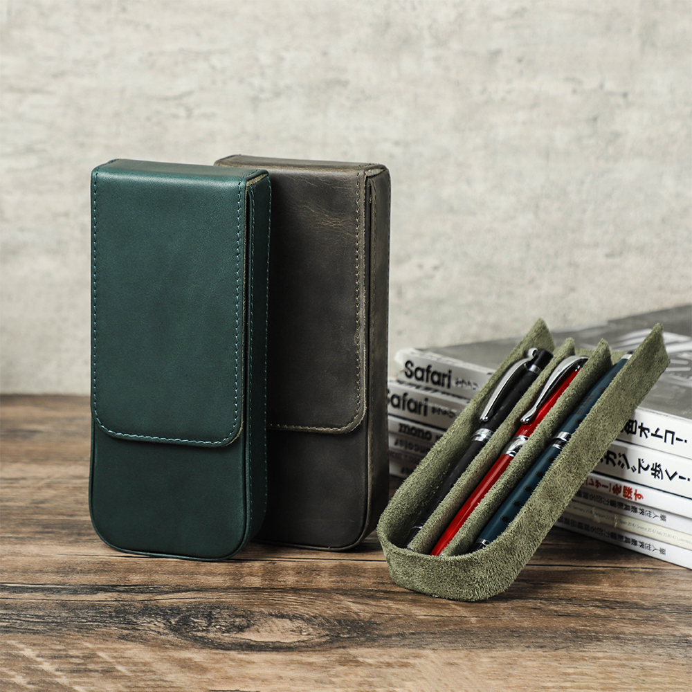 Crazy Horse Leather Pen Case 3 Slots Magnetic Button Pencil Cases School Bag Pen Pouch Box Office Stationery Vintage Style