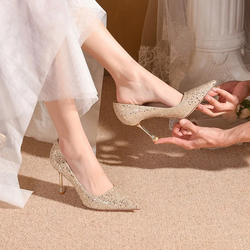 Women Pumps High Thin Heel Metal Pointed Toe Shallow Sexy Ladies Bling Bridal Wedding Women Shoes White High Heels 241106