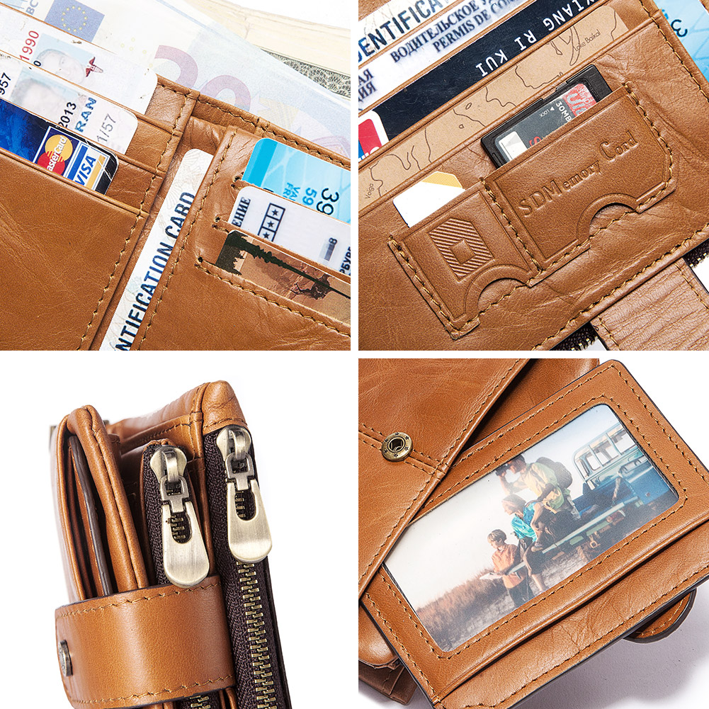 Short Genuine Leather Women Wallet Classical Purse RFID Blocking Card Holder Zipper Coin Pocket For Men With Anti-theft Chain