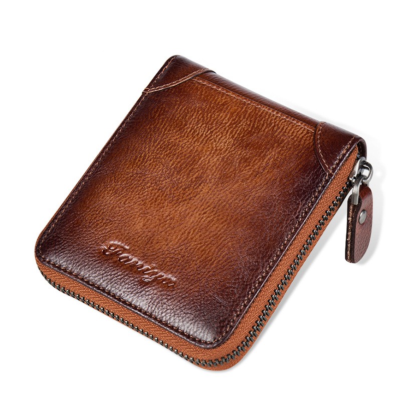 Men's Wallet Short Genuine Leather Top Layer Cowhide Zipper Card Bag